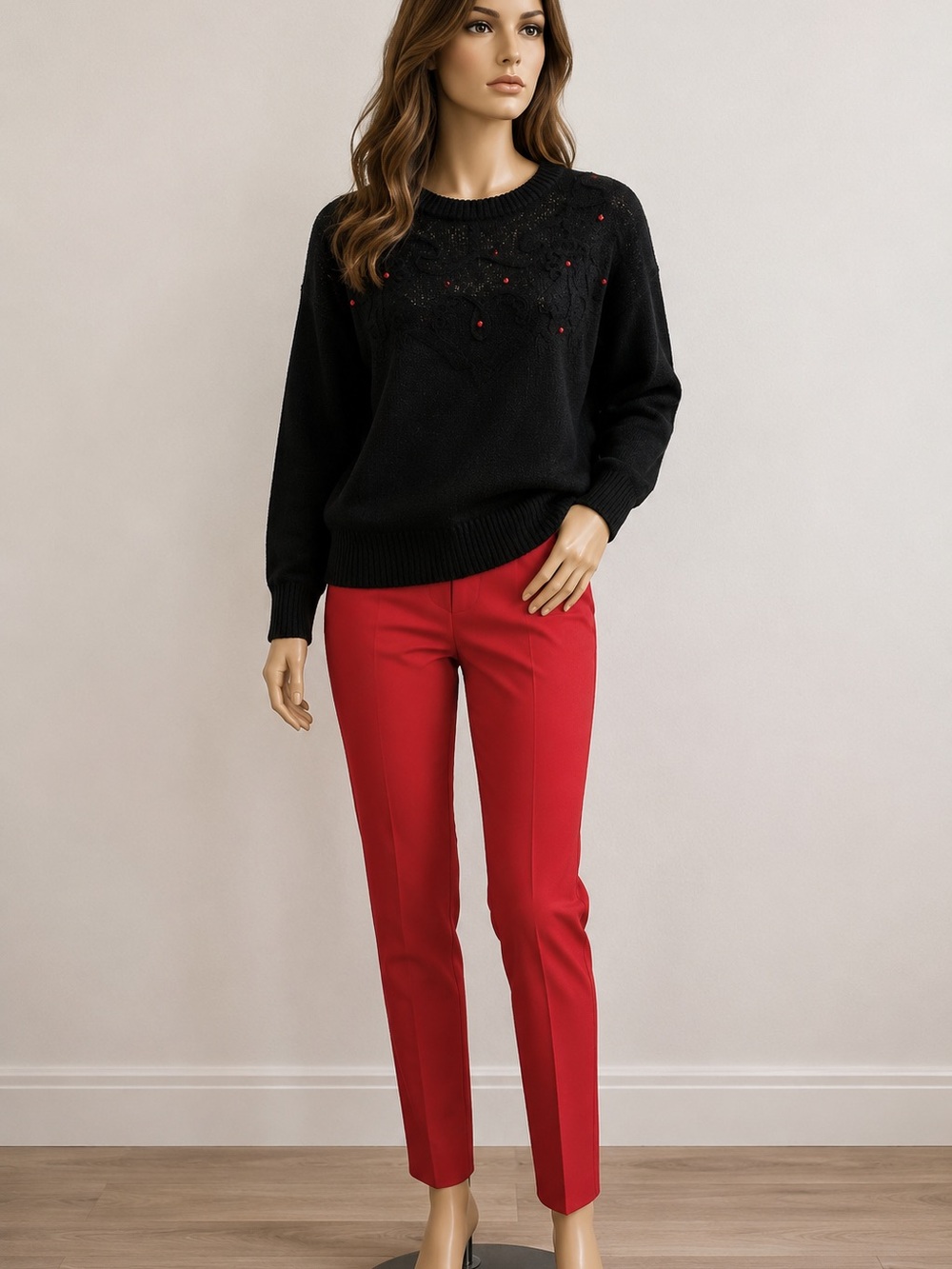 Glitz Black Crewneck Sweater with Red Bead Accents size M